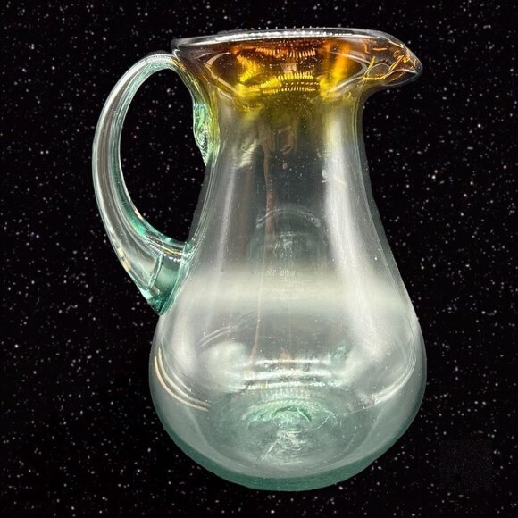 Handblown Art Glass Pitcher Clear w Brown Ombre Applied Handle 9”T 5”W - Picture 12 of 12